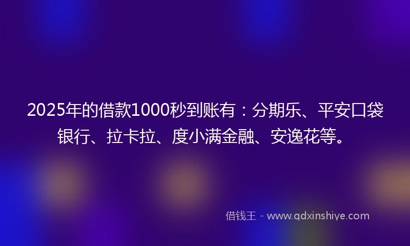 2025年的借款1000秒到账有：分期乐、平安口袋银行、拉卡拉、度小满金融、安逸花等。