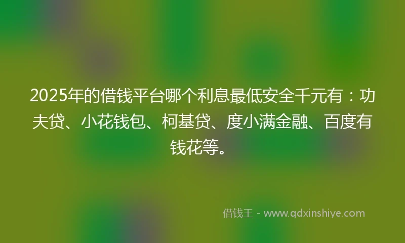 2025年的借钱平台哪个利息最低安全千元有：功夫贷、小花钱包、柯基贷、度小满金融、百度有钱花等。