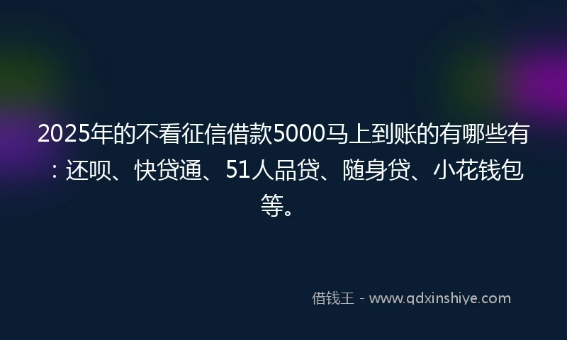 2025年的不看征信借款5000马上到账的有哪些有：还呗、快贷通、51人品贷、随身贷、小花钱包等。