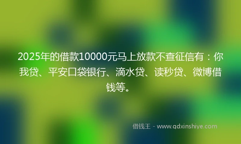 2025年的借款10000元马上放款不查征信有:你我贷、平安口袋银行、滴水贷、读秒贷、微博借钱等。