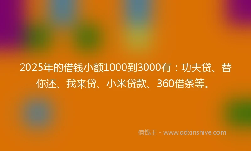 2025年的借钱小额1000到3000有：功夫贷、替你还、我来贷、小米贷款、360借条等。