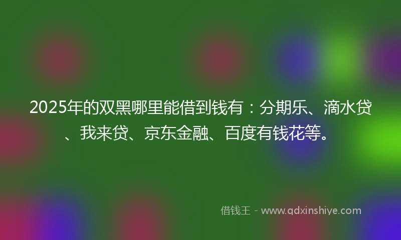 2025年的双黑哪里能借到钱有：分期乐、滴水贷、我来贷、京东金融、百度有钱花等。