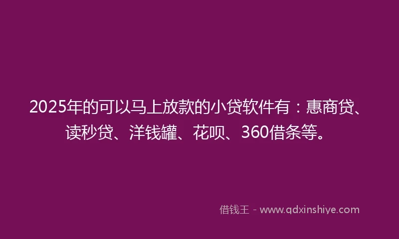2025年的可以马上放款的小贷软件有：惠商贷、读秒贷、洋钱罐、花呗、360借条等。