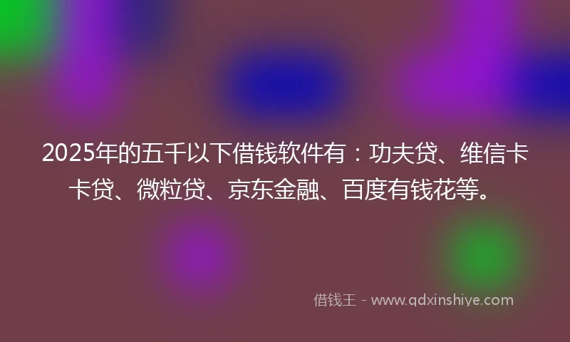 2025年的五千以下借钱软件有：功夫贷、维信卡卡贷、微粒贷、京东金融、百度有钱花等。