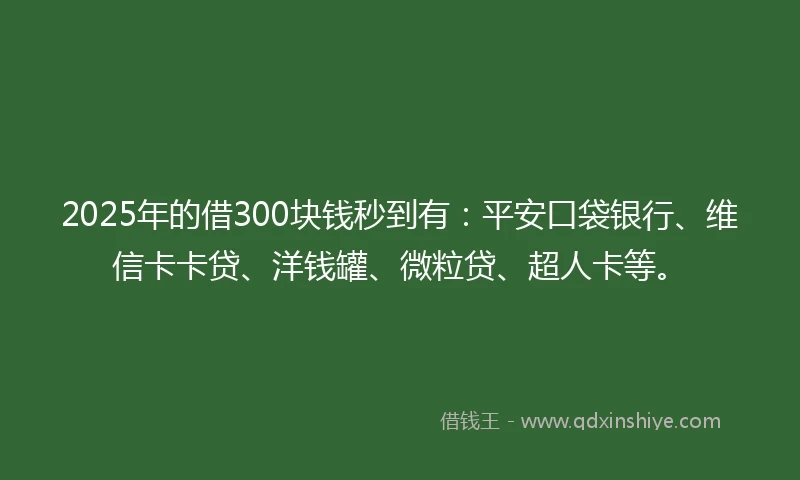 2025年的借300块钱秒到有：平安口袋银行、维信卡卡贷、洋钱罐、微粒贷、超人卡等。