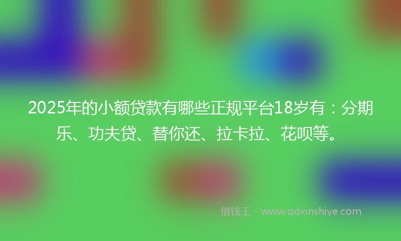 2025年的小额贷款有哪些正规平台18岁有：分期乐、功夫贷、替你还、拉卡拉、花呗等。