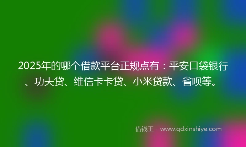 2025年的哪个借款平台正规点有：平安口袋银行、功夫贷、维信卡卡贷、小米贷款、省呗等。