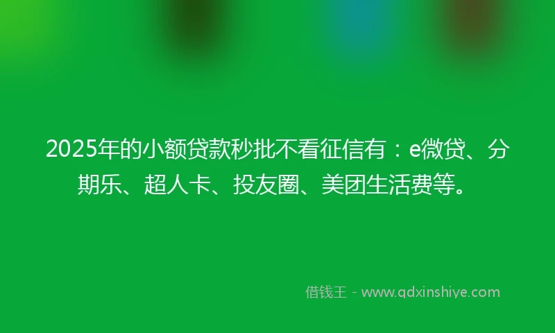 2025年的小额贷款秒批不看征信有：e微贷、分期乐、超人卡、投友圈、美团生活费等。