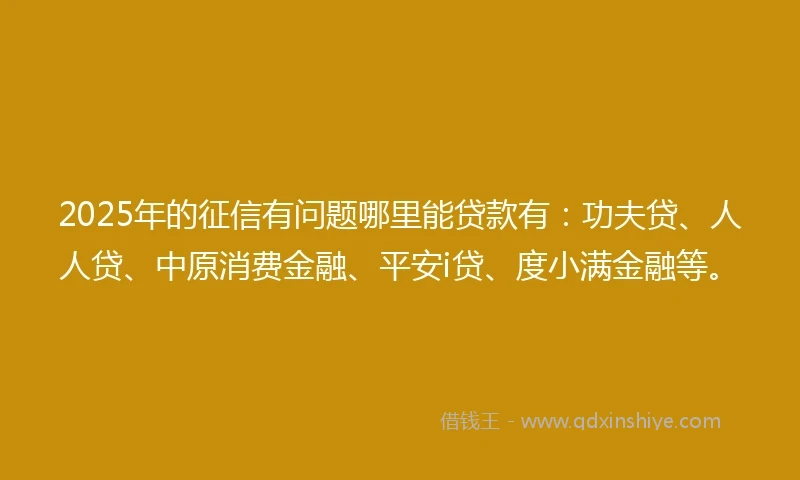 2025年的征信有问题哪里能贷款有：功夫贷、人人贷、中原消费金融、平安i贷、度小满金融等。