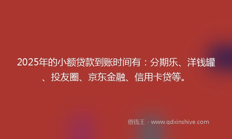 2025年的小额贷款到账时间有：分期乐、洋钱罐、投友圈、京东金融、信用卡贷等。
