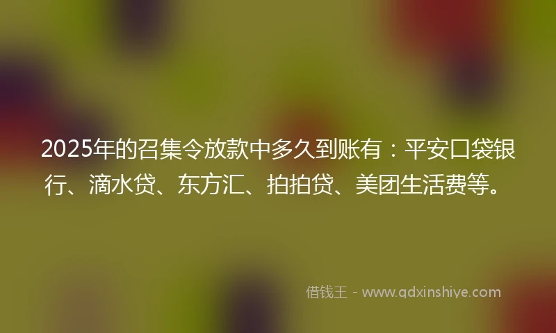 2025年的召集令放款中多久到账有：平安口袋银行、滴水贷、东方汇、拍拍贷、美团生活费等。