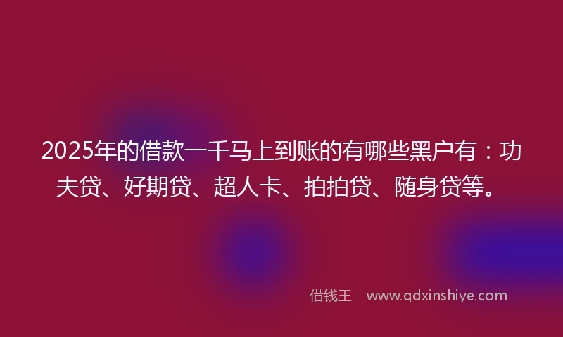 2025年的借款一千马上到账的有哪些黑户有：功夫贷、好期贷、超人卡、拍拍贷、随身贷等。
