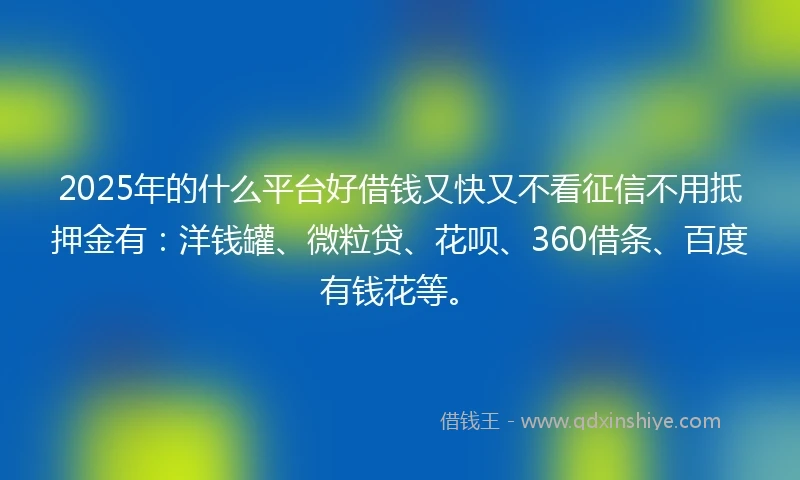 2025年的什么平台好借钱又快又不看征信不用抵押金有：洋钱罐、微粒贷、花呗、360借条、百度有钱花等。