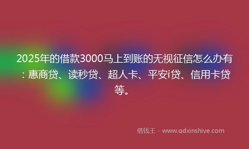 2025年的借款3000马上到账的无视征信怎么办有：惠商贷、读秒贷、超人卡、平安i贷、信用卡贷等。
