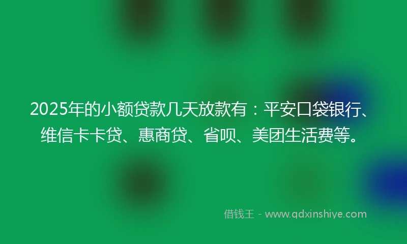 2025年的小额贷款几天放款有：平安口袋银行、维信卡卡贷、惠商贷、省呗、美团生活费等。