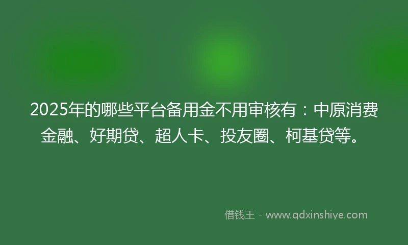 2025年的哪些平台备用金不用审核有：中原消费金融、好期贷、超人卡、投友圈、柯基贷等。
