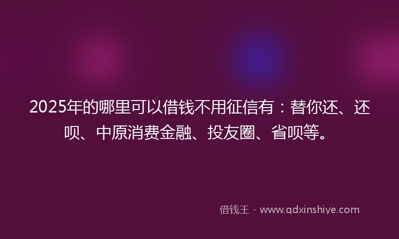2025年的哪里可以借钱不用征信有：替你还、还呗、中原消费金融、投友圈、省呗等。