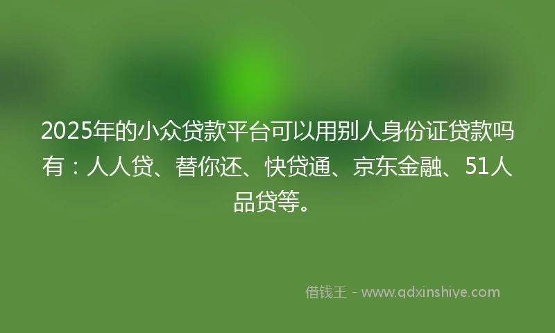 2025年的小众贷款平台可以用别人身份证贷款吗有：人人贷、替你还、快贷通、京东金融、51人品贷等。