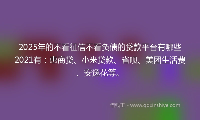 2025年的不看征信不看负债的贷款平台有哪些2021有：惠商贷、小米贷款、省呗、美团生活费、安逸花等。