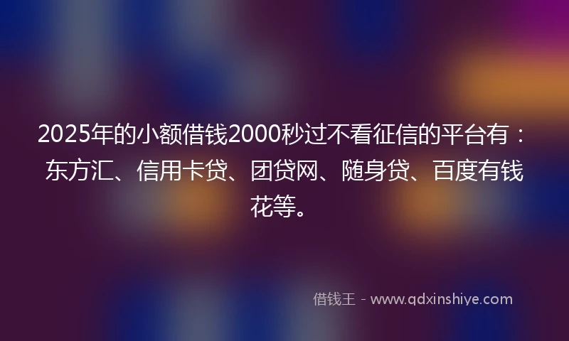 2025年的小额借钱2000秒过不看征信的平台有：东方汇、信用卡贷、团贷网、随身贷、百度有钱花等。