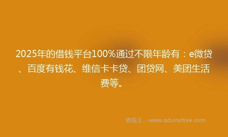 2025年的借钱平台100%通过不限年龄有：e微贷、百度有钱花、维信卡卡贷、团贷网、美团生活费等。
