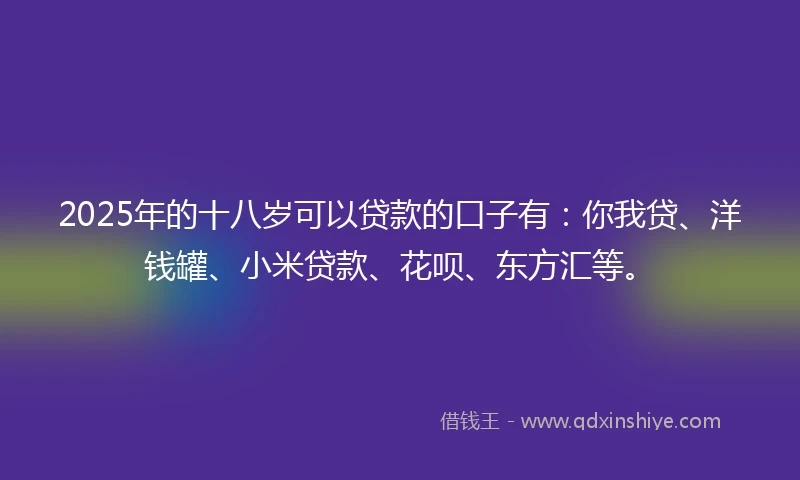 2025年的十八岁可以贷款的口子有：你我贷、洋钱罐、小米贷款、花呗、东方汇等。