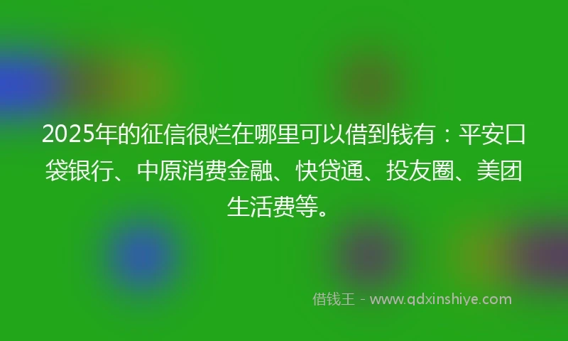 2025年的征信很烂在哪里可以借到钱有：平安口袋银行、中原消费金融、快贷通、投友圈、美团生活费等。