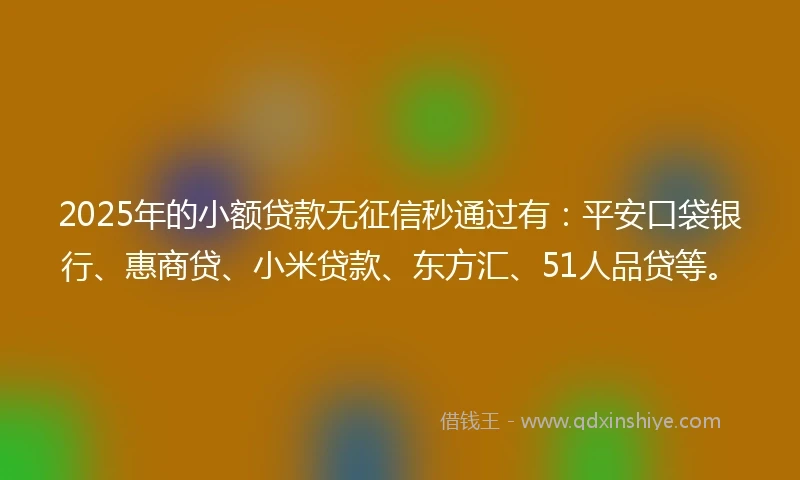 2025年的小额贷款无征信秒通过有：平安口袋银行、惠商贷、小米贷款、东方汇、51人品贷等。