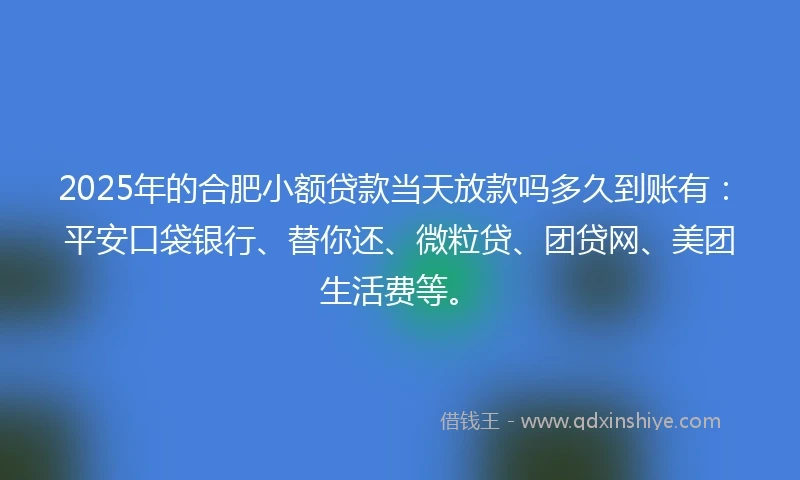 2025年的合肥小额贷款当天放款吗多久到账有：平安口袋银行、替你还、微粒贷、团贷网、美团生活费等。