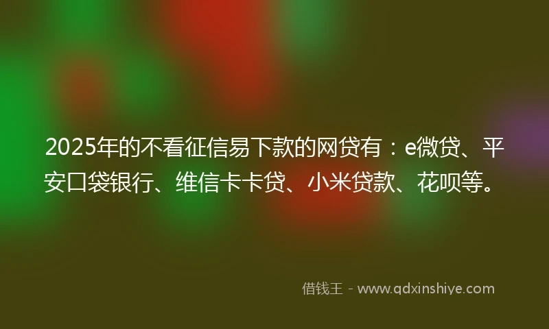2025年的不看征信易下款的网贷有：e微贷、平安口袋银行、维信卡卡贷、小米贷款、花呗等。
