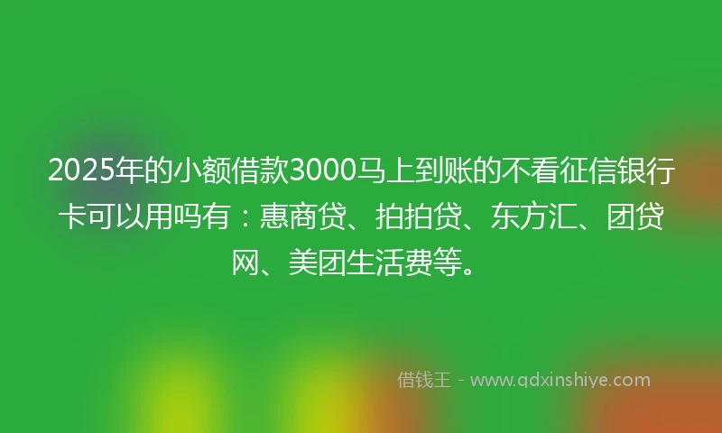 2025年的小额借款3000马上到账的不看征信银行卡可以用吗有：惠商贷、拍拍贷、东方汇、团贷网、美团生活费等。