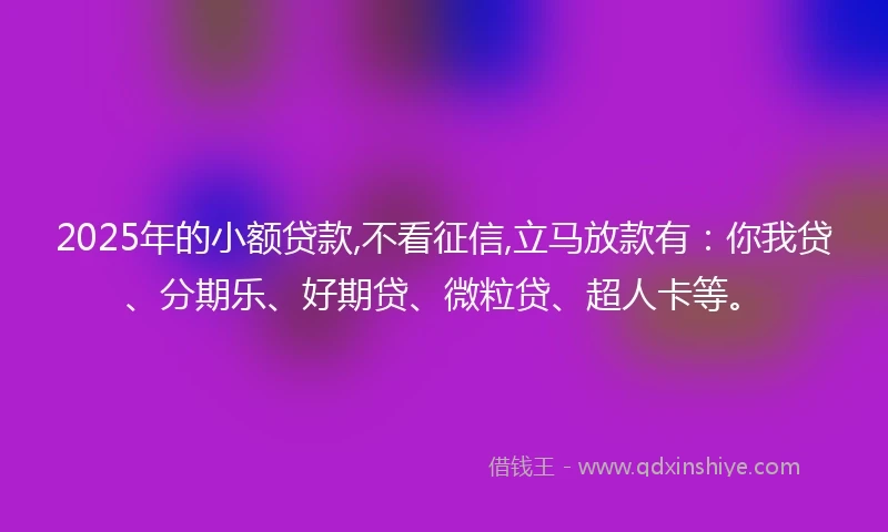 2025年的小额贷款,不看征信,立马放款有：你我贷、分期乐、好期贷、微粒贷、超人卡等。