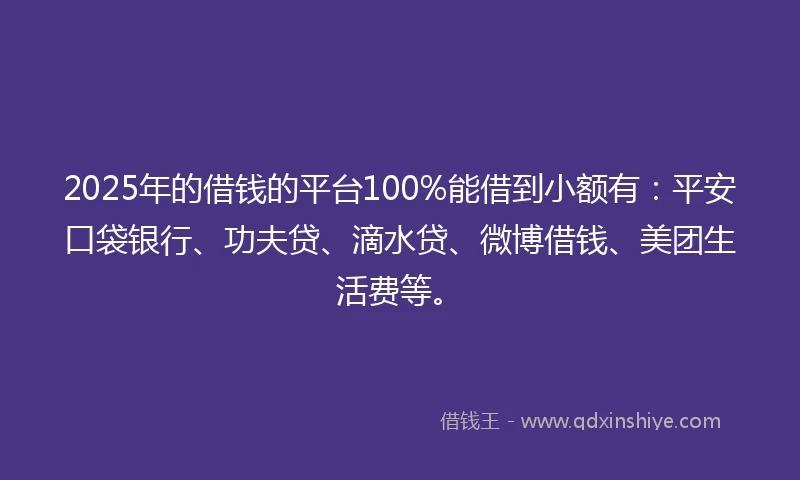 2025年的借钱的平台100%能借到小额有：平安口袋银行、功夫贷、滴水贷、微博借钱、美团生活费等。