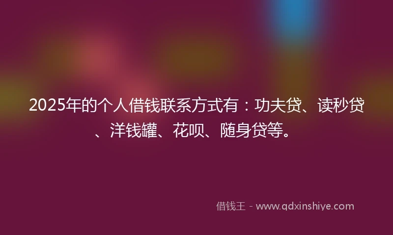 2025年的个人借钱联系方式有：功夫贷、读秒贷、洋钱罐、花呗、随身贷等。