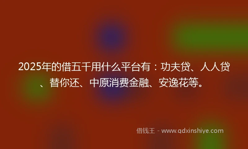 2025年的借五千用什么平台有：功夫贷、人人贷、替你还、中原消费金融、安逸花等。
