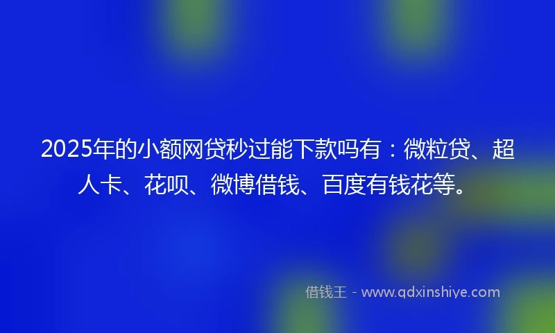 2025年的小额网贷秒过能下款吗有：微粒贷、超人卡、花呗、微博借钱、百度有钱花等。