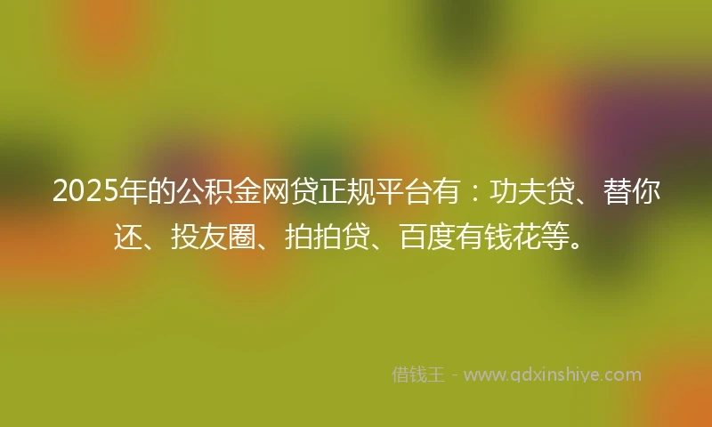 2025年的公积金网贷正规平台有：功夫贷、替你还、投友圈、拍拍贷、百度有钱花等。