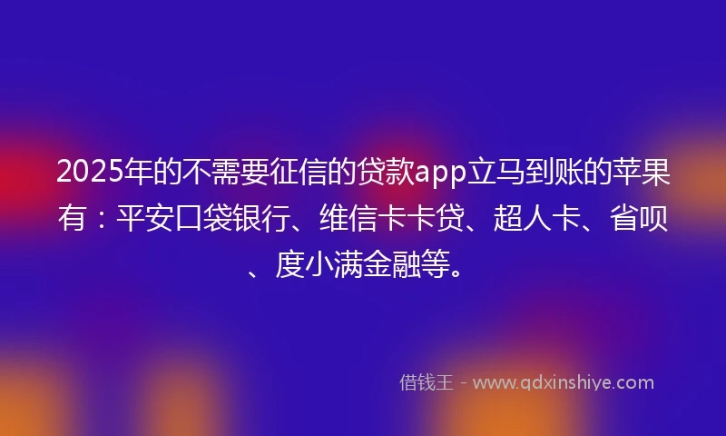 2025年的不需要征信的贷款app立马到账的苹果有：平安口袋银行、维信卡卡贷、超人卡、省呗、度小满金融等。