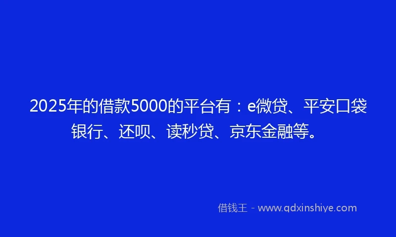 2025年的借款5000的平台有：e微贷、平安口袋银行、还呗、读秒贷、京东金融等。