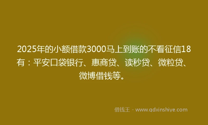 2025年的小额借款3000马上到账的不看征信18有：平安口袋银行、惠商贷、读秒贷、微粒贷、微博借钱等。