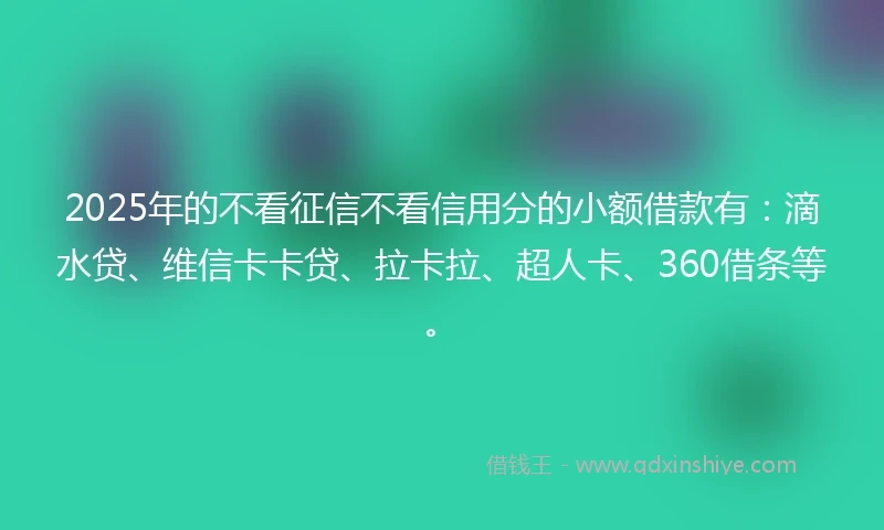 2025年的不看征信不看信用分的小额借款有：滴水贷、维信卡卡贷、拉卡拉、超人卡、360借条等。
