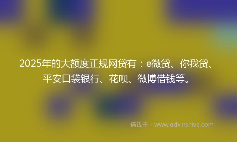 2025年的大额度正规网贷有：e微贷、你我贷、平安口袋银行、花呗、微博借钱等。