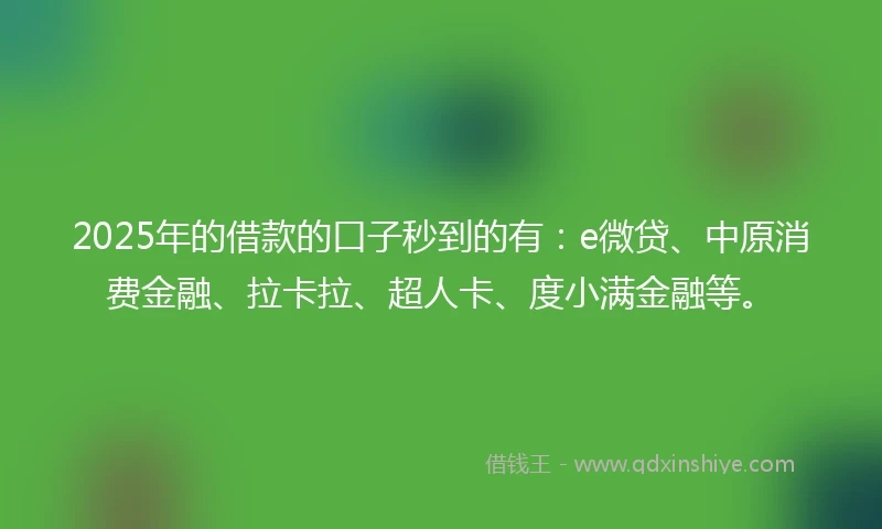 2025年的借款的口子秒到的有：e微贷、中原消费金融、拉卡拉、超人卡、度小满金融等。