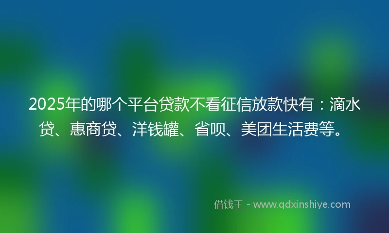 2025年的哪个平台贷款不看征信放款快有：滴水贷、惠商贷、洋钱罐、省呗、美团生活费等。