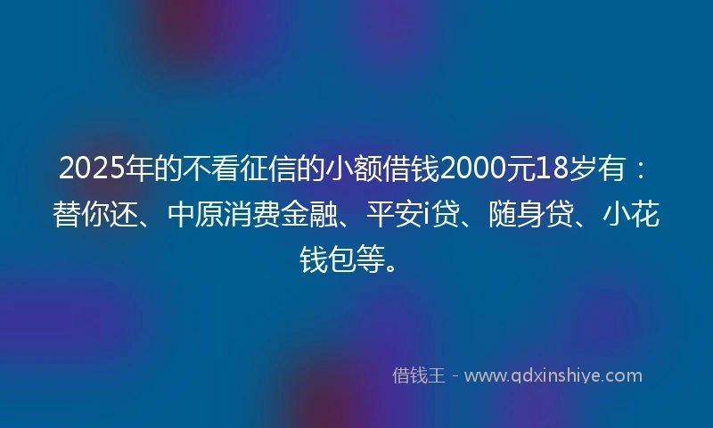 2025年的不看征信的小额借钱2000元18岁有：替你还、中原消费金融、平安i贷、随身贷、小花钱包等。