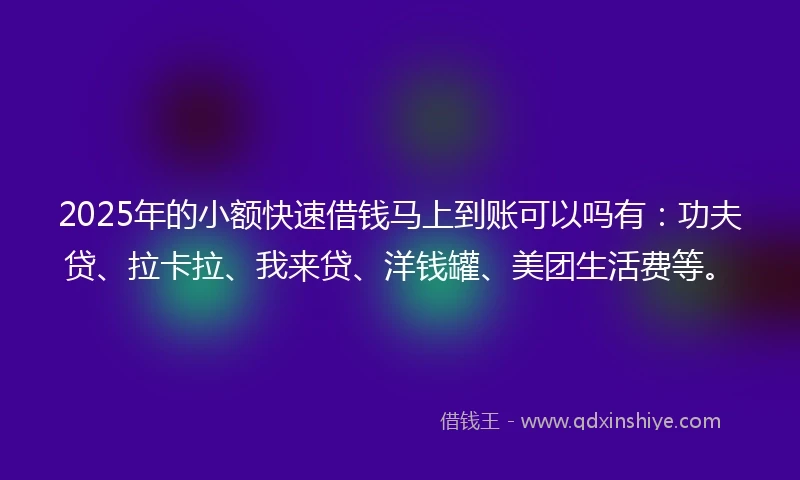 2025年的小额快速借钱马上到账可以吗有：功夫贷、拉卡拉、我来贷、洋钱罐、美团生活费等。