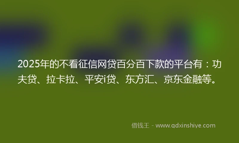 2025年的不看征信网贷百分百下款的平台有：功夫贷、拉卡拉、平安i贷、东方汇、京东金融等。