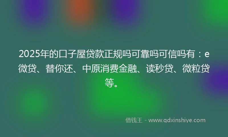 2025年的口子屋贷款正规吗可靠吗可信吗有：e微贷、替你还、中原消费金融、读秒贷、微粒贷等。