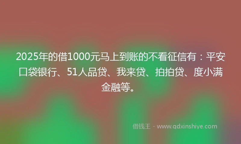 2025年的借1000元马上到账的不看征信有：平安口袋银行、51人品贷、我来贷、拍拍贷、度小满金融等。