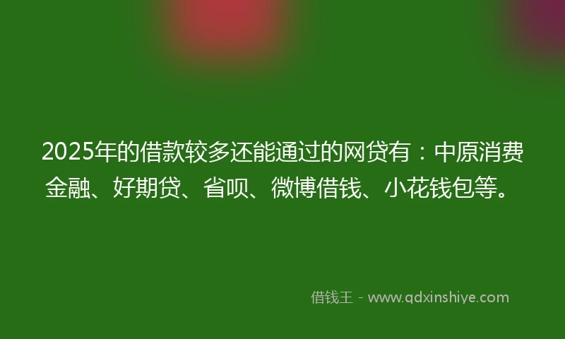 2025年的借款较多还能通过的网贷有：中原消费金融、好期贷、省呗、微博借钱、小花钱包等。